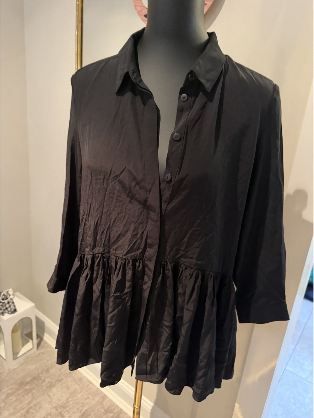TIBI Black 100% Silk Button Down Peplum Flowy Top 8